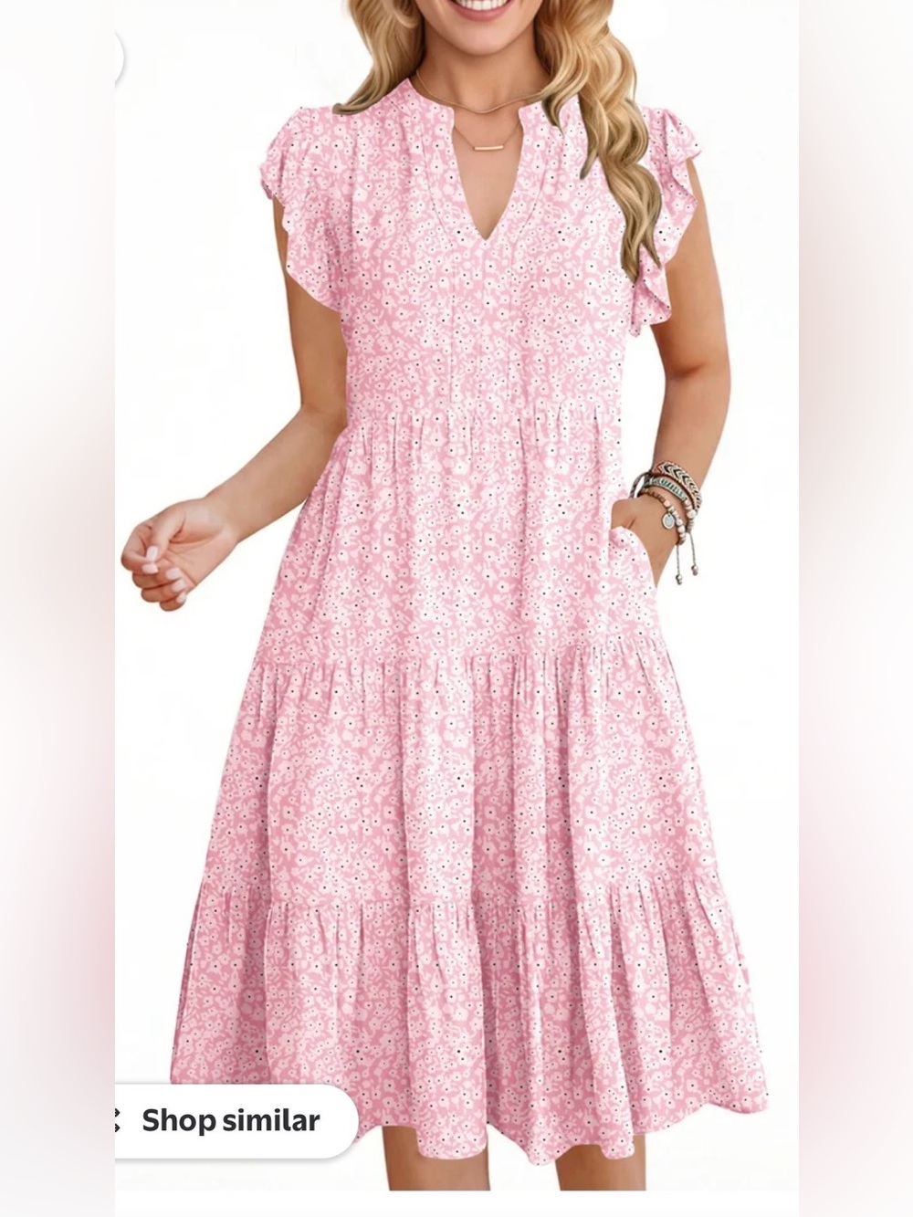 UVN RUFFLE SLEEVE V NECK MIDI PINK FLORAL DRESS, LARGE